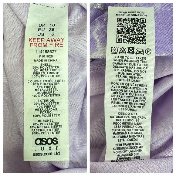 ASOS LUXE Ruffle One Shoulder Jacquard Mini Dress Purple Silver 6 Runs Small - Picture 8 of 9